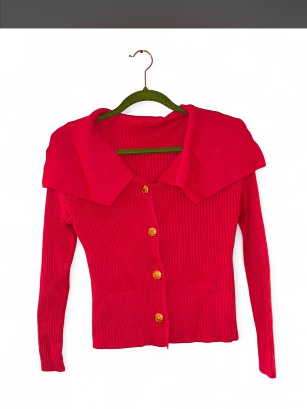 Women’s Red Ribbed Button-Up Sweater with Wide Collar